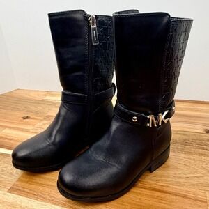 Michael Kors Kids Black MK Logo Tall Boots Side Zip Buckle Detail Size 8